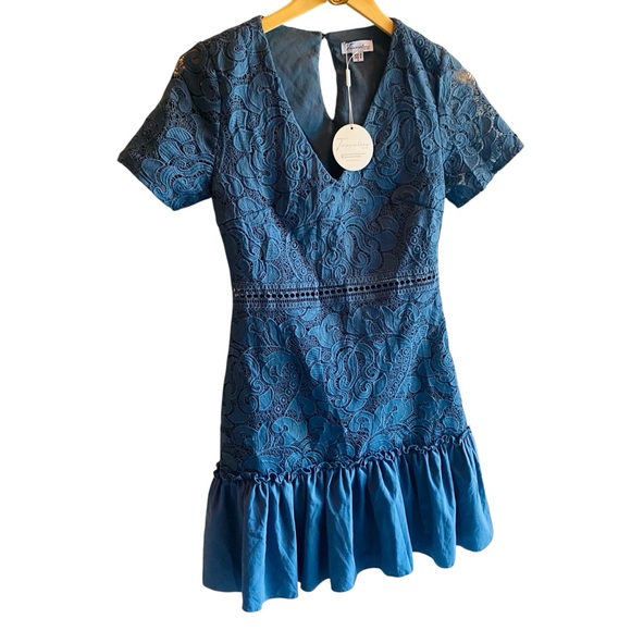 Two Sisters THE LABEL NWT Blue Lace Bodice Party Dress Sz 4 Vneck Short Sleeves - Picture 2 of 7